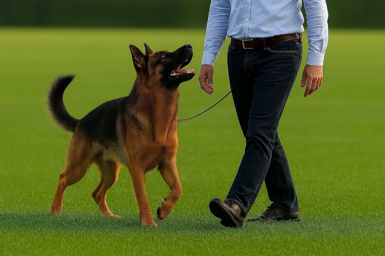 German Shepherd heeling in perfect attention beside handler on grass field