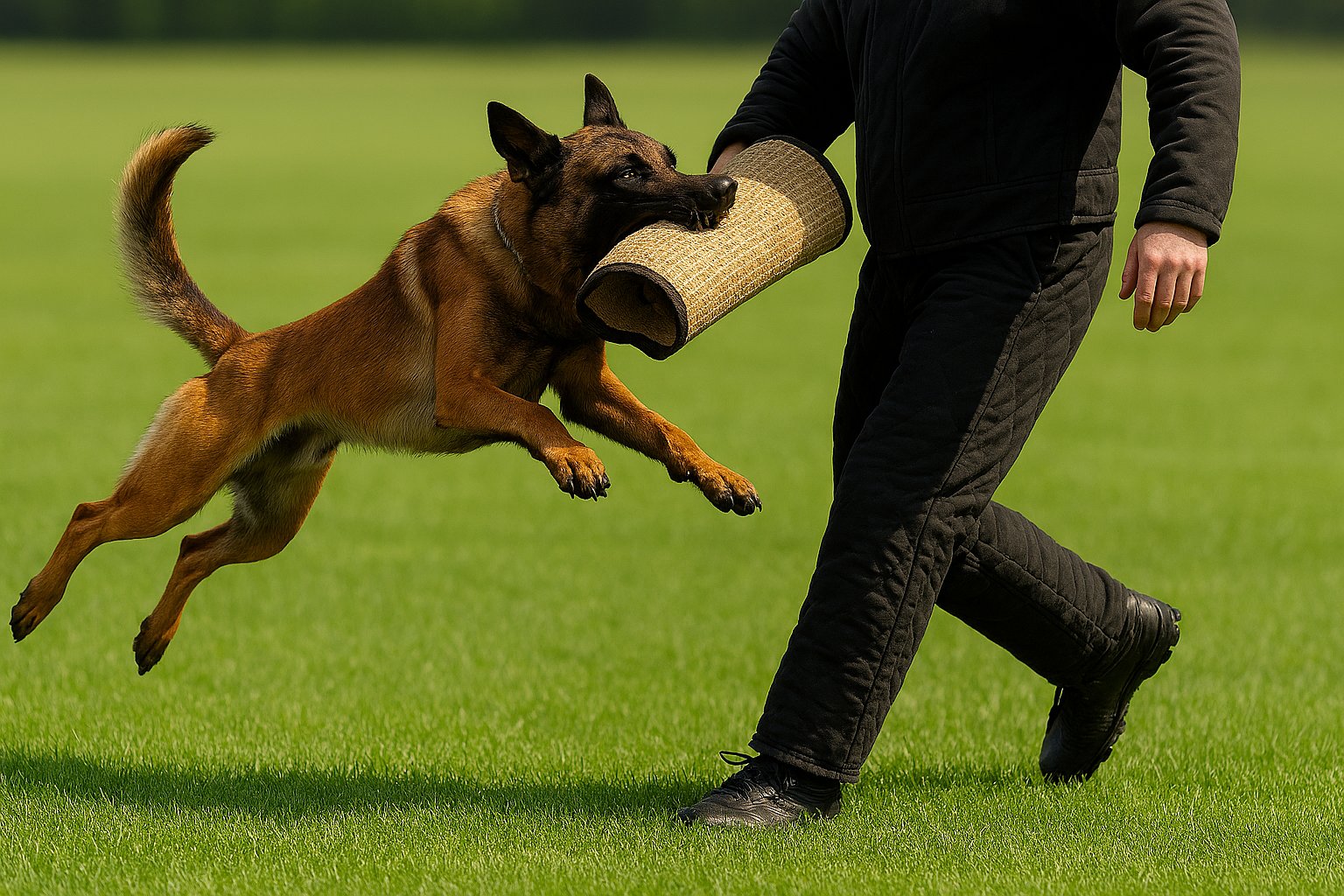 Belgian Malinois in full drive biting a sleeve during Schutzhund protection phase