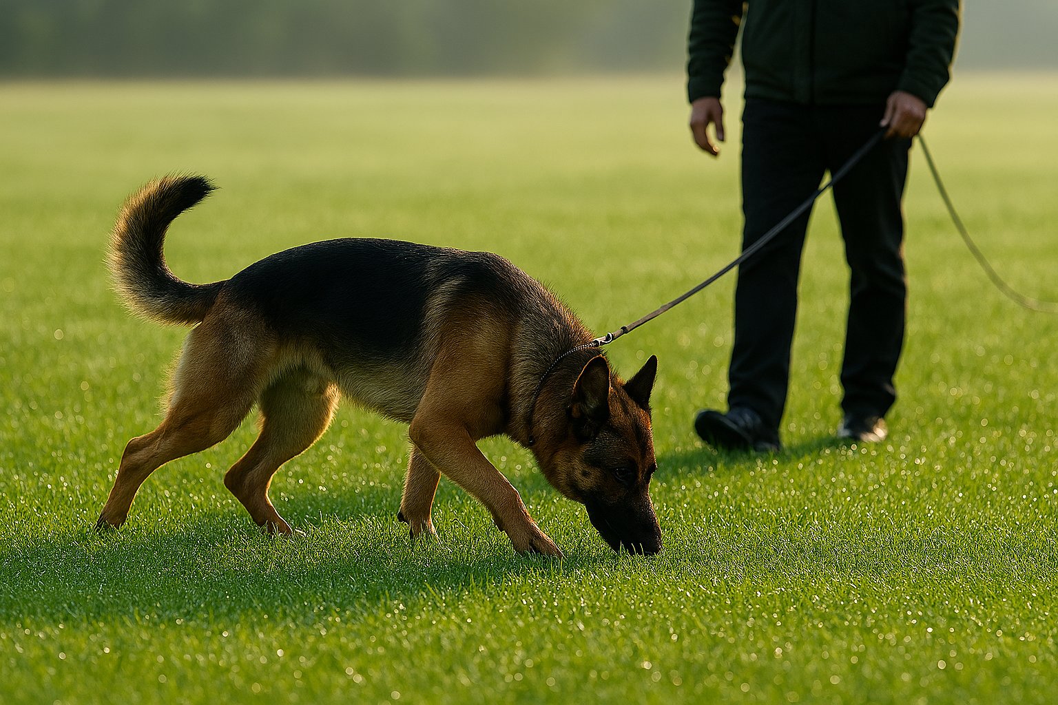 German Shepherd nose down tracking a scent trail across a dewy grass field